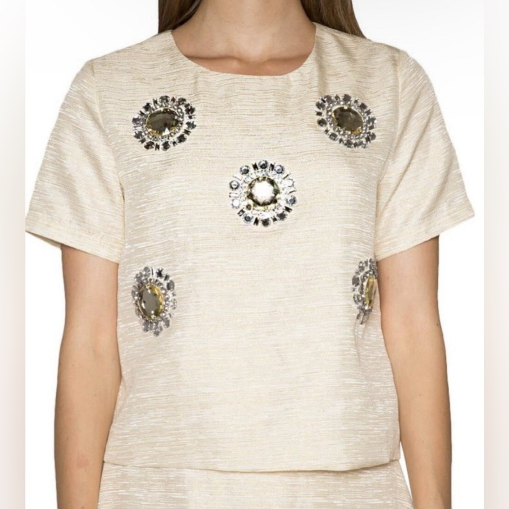Sister Jane Blouse Top Sz M Cropped Beige W/ Gold Thread Rhinestone‎ Medallions